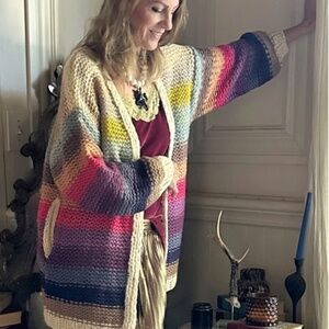 💗 THE PORTER COLLECTIVE Enya Cardigan Stripe Sweater Pockets Multi-Color OS New